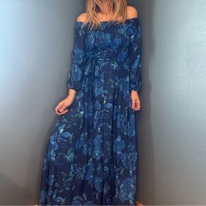 Off-Shoulder Navy Blue Floral Maxi Dress with Tie Waist